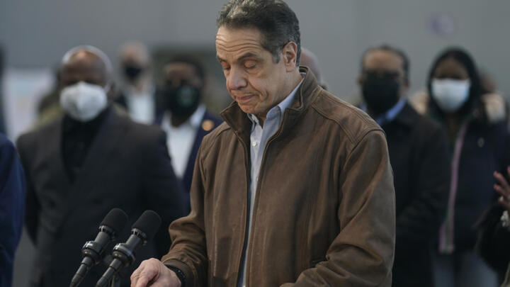 New York Governor Andrew Cuomo speaks at a vaccination site in New York, USA, March 8, 2021.